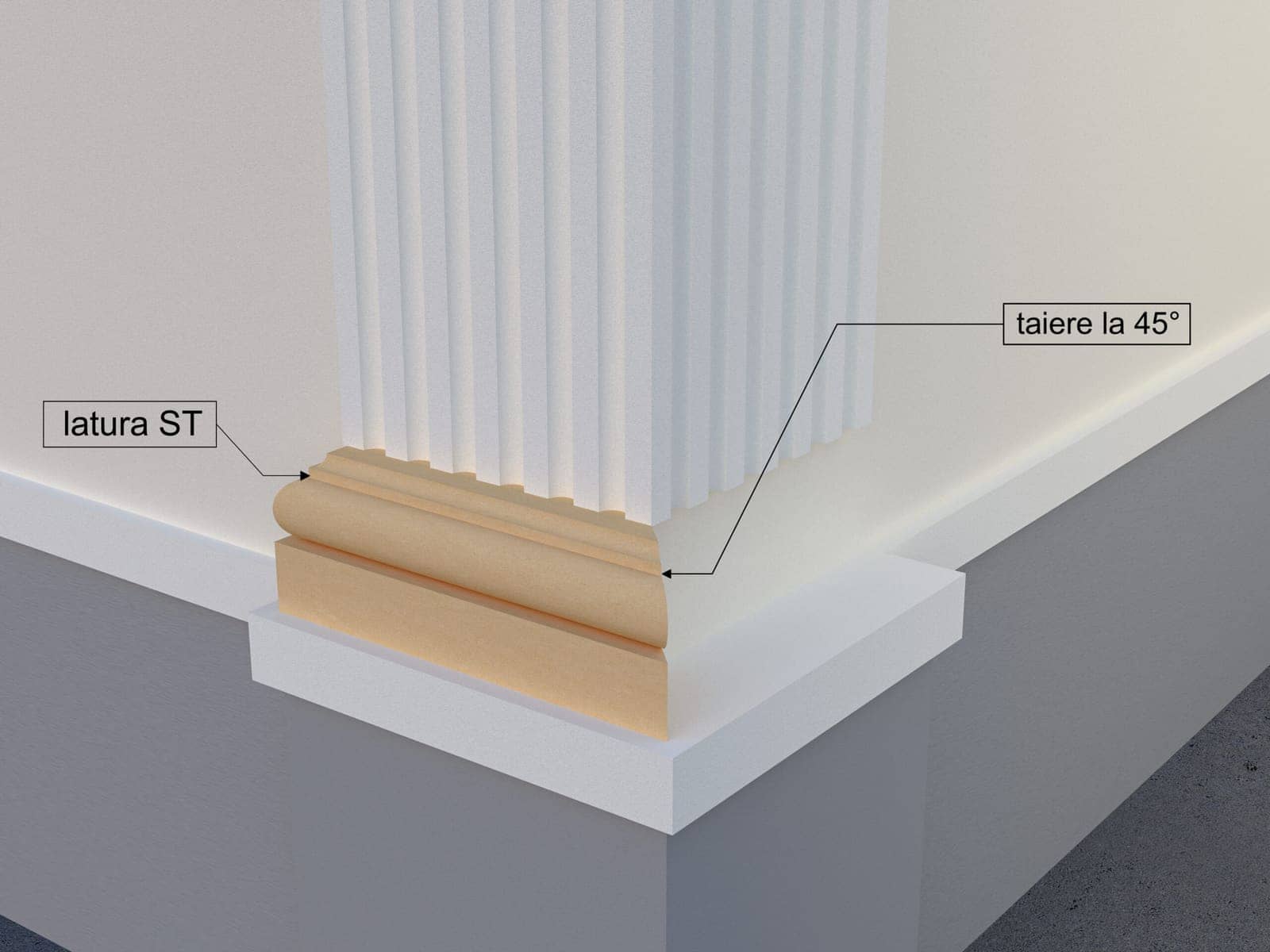 Pilastre FP601-45-ST — coupe 45° gauche — profil décoratif de façade Profilia Décor, Pilastres, vue 3