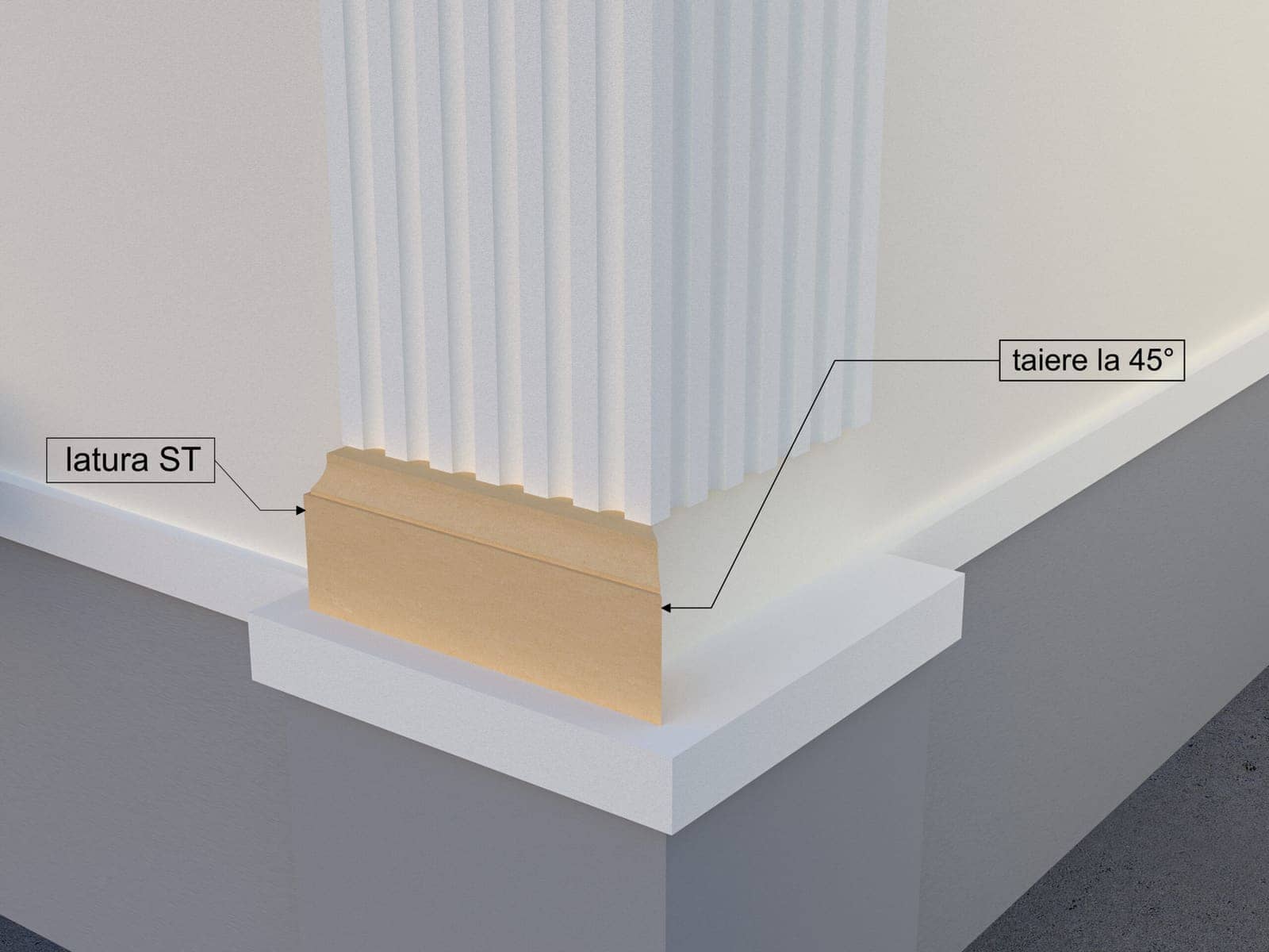 Pilastre FP603-45-ST — coupe 45° gauche — profil décoratif de façade Profilia Décor, Pilastres, vue 3