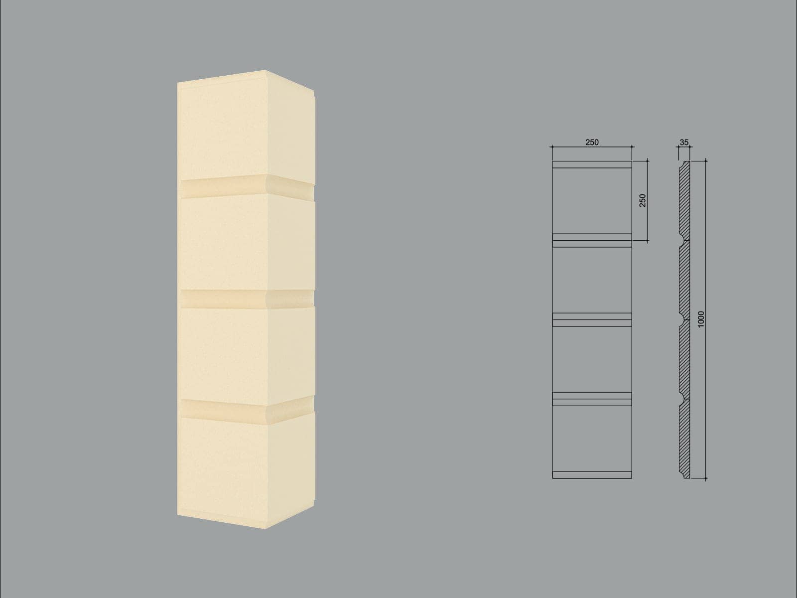 Chaîne d’angle FPCL01-1M-45 — coupe 45° — profil décoratif de façade Profilia Décor, Chaînes d’angle, vue 3