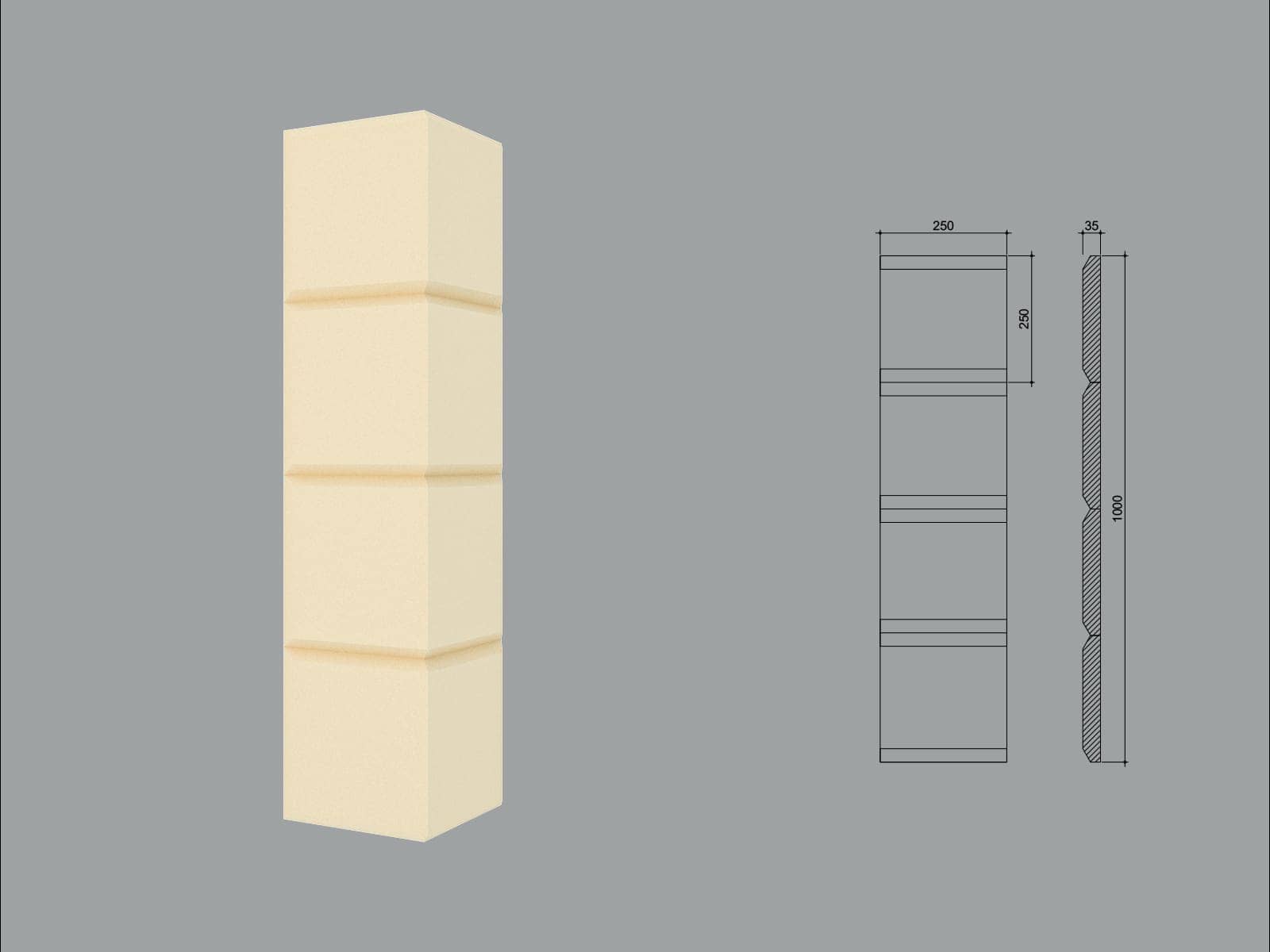 Chaîne d’angle FPCL03-1M-45 — coupe 45° — profil décoratif de façade Profilia Décor, Chaînes d’angle, vue 3