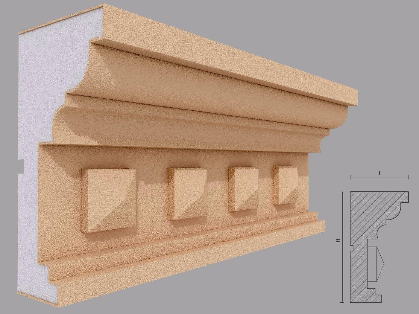 Corniche extérieure FP421 — profil décoratif de façade Profilia Décor, Corniches extérieures, vue 1 Corniche extérieure FP421 — profil décoratif de façade Profilia Décor, Corniches extérieures, vue 1