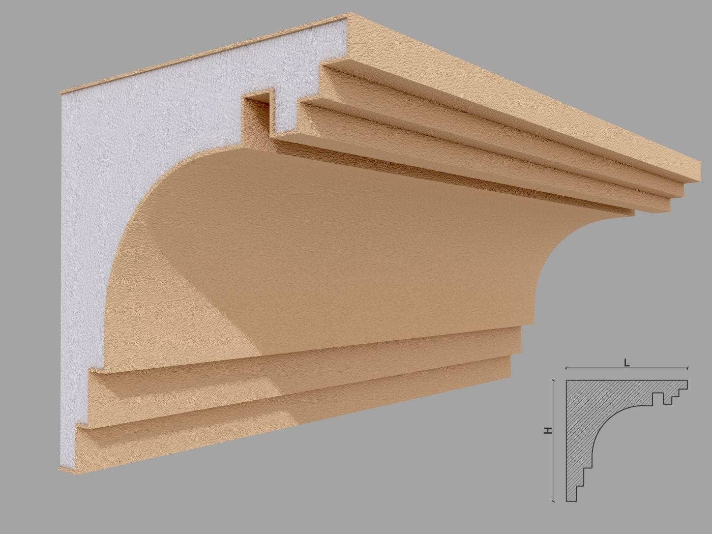 Corniche extérieure FP432 — profil décoratif de façade Profilia Décor, Corniches extérieures, vue 1 Corniche extérieure FP432 — profil décoratif de façade Profilia Décor, Corniches extérieures, vue 1