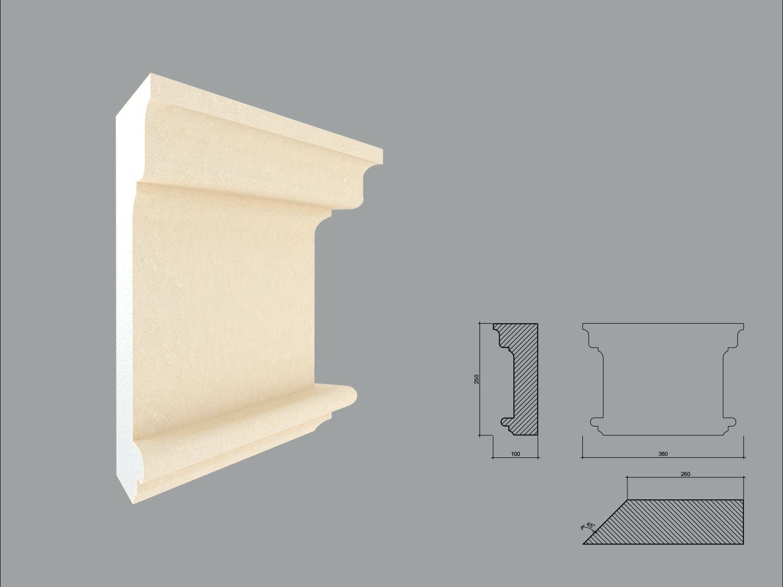 Pilastre FP703-DR-45 — coupe 45° droite — profil décoratif de façade Profilia Décor, Pilastres, vue 1 Pilastre FP703-DR-45 — coupe 45° droite — profil décoratif de façade Profilia Décor, Pilastres, vue 1